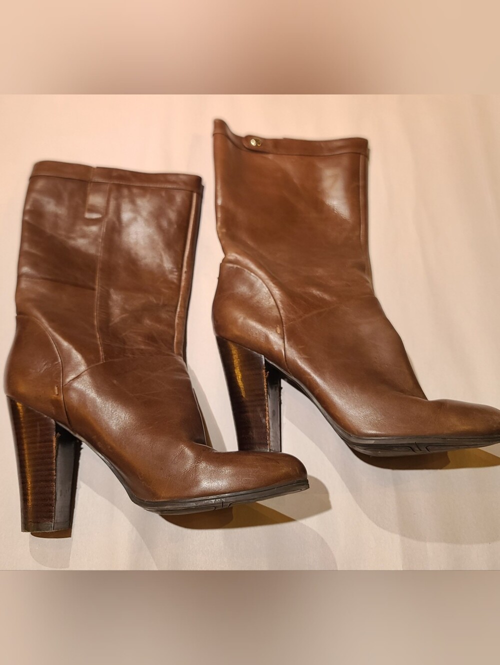 Nine West Brown Leather Mid-Calf Boots Pull On Block Heel Sz 10M